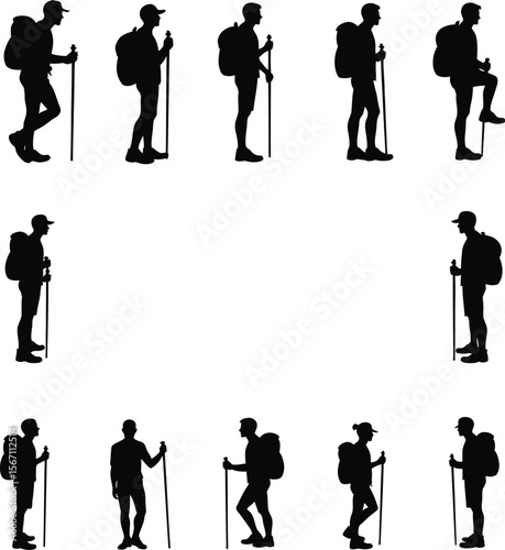 Hiking silhouettes backpackers trekking nature outdoors