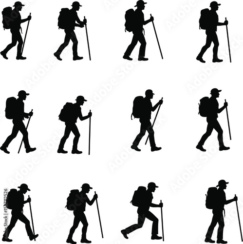 Hiking silhouettes backpackers trekking nature outdoors
