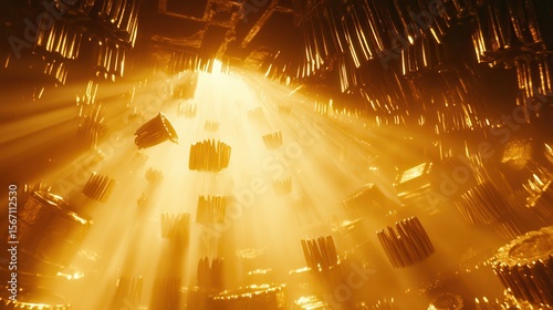 Radiant Light and Floating Gold Structures in Abstract Background