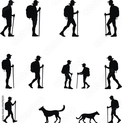 Hiking silhouettes people trekking outdoors nature