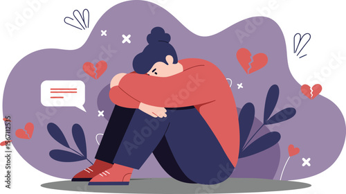 Young person sitting alone feeling sad and lonely surrounded by heart symbols and leaves in soft purple background 