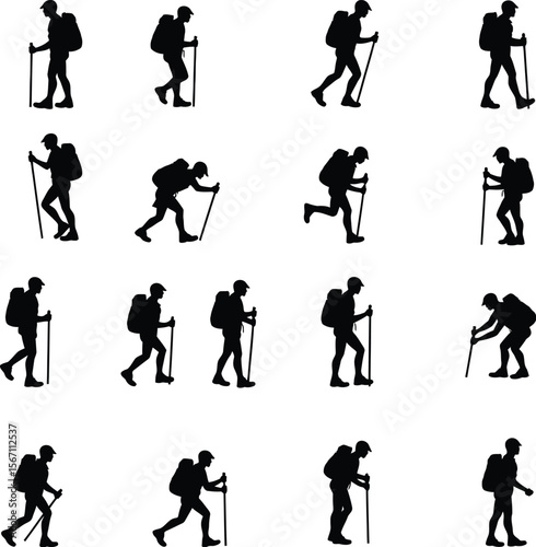 Hiking silhouettes backpackers trekking nature outdoors
