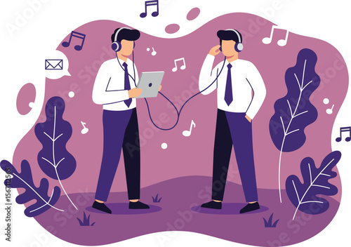 Two men sharing headphones and listening to music together in purple themed abstract park scene digital illustration