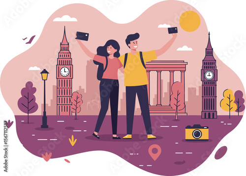 Tourists taking photos near Big Ben London with pink sky and camera on ground in landscape scene 
