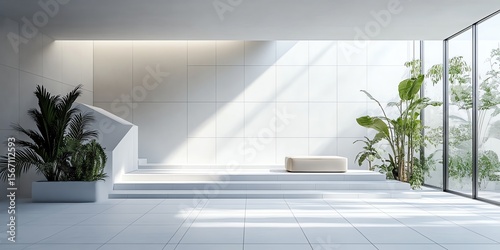 Modern minimalist interior design with natural light and indoor plants