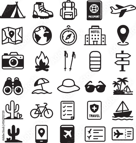 Collection of travel and adventure icons including a tent hiking boot backpack passport airplane map globe compass hotel location pin camera campfire trekking poles sleeping bag signpost binoculars be