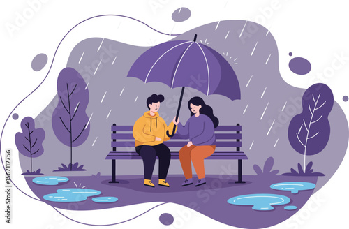 Couple sharing umbrella sitting on bench during rainy weather in purple and orange tones illustration 