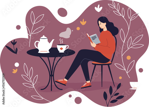 Woman reading book and enjoying tea at a round table in cozy calm setting with decorative plants and soft purple background 