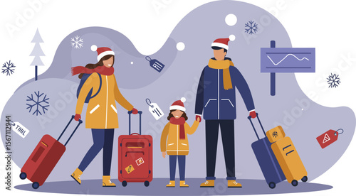 Family traveling with luggage in winter clothing during holiday season with snowflakes and signs 
