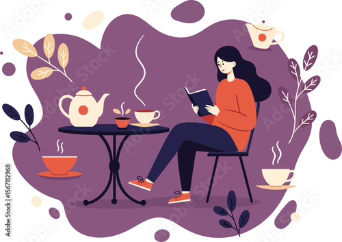 Woman reading book while drinking tea in cozy purple setting with plants and steaming cups calm atmosphere 