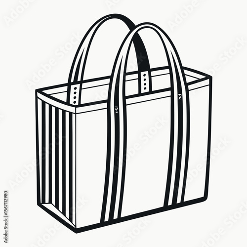 Black and white tote bag with striped sides and handles