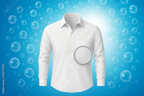 Soap bubbles surrounding a white shirt suggesting washing and freshness, promoting hygiene and cleanliness with a bright and positive concept
