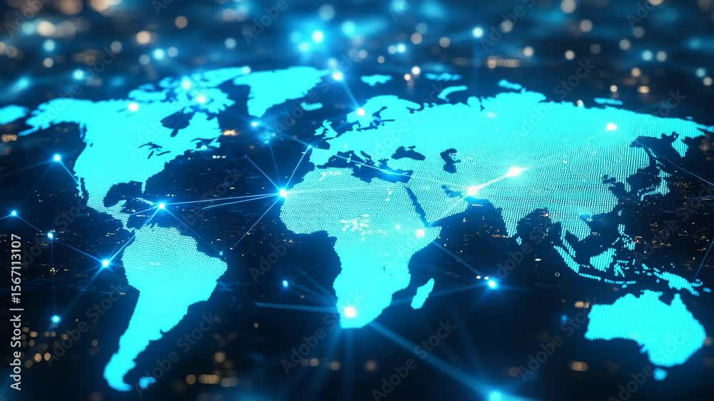 A glowing, digital world map displays global interconnectedness, with bright nodes representing communication points and data flow