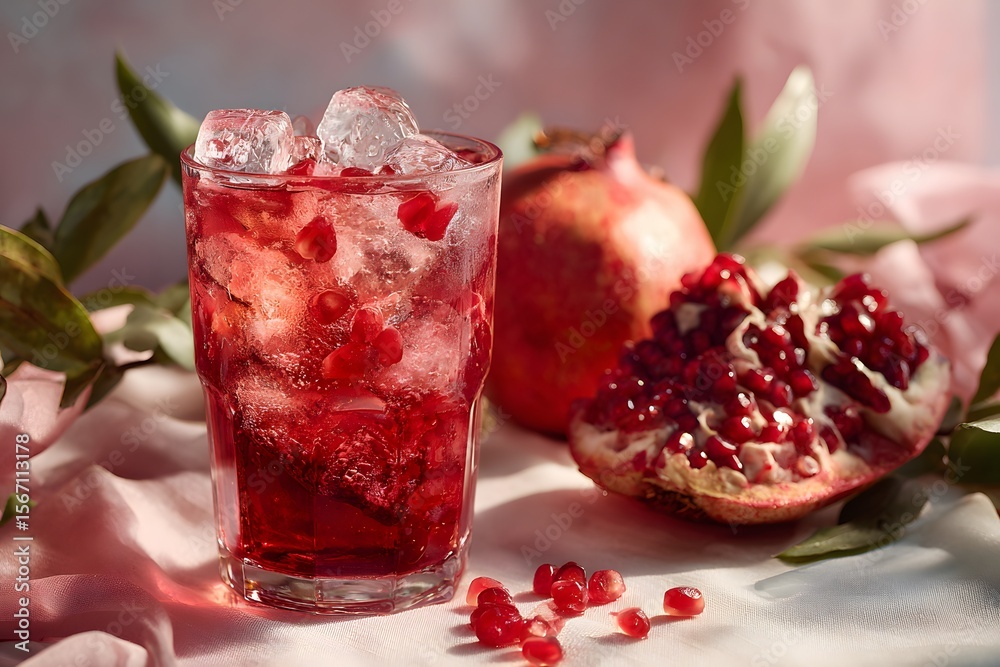 Vibrant iced pomegranate tea with seeds and ice in a clear glass, rich red tones, minimal background with soft studio lighting. Vibrant iced pomegranate tea with seeds and ice in a clear glass, rich red tones, minimal background with soft studio lighting.