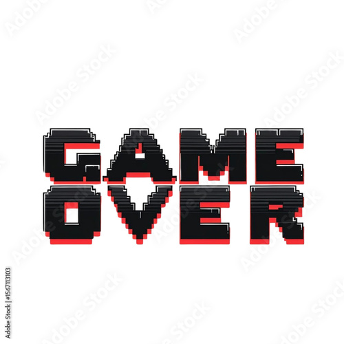 Pixelated retro arcade style game over screen design for gamers and video game enthusiasts and developers on transparent background