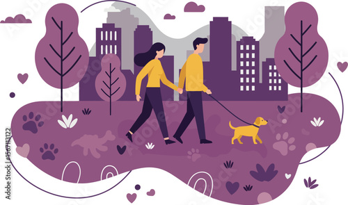 Couple walking small dog on purple city park path with trees and skyscrapers in background 