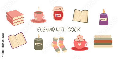 Cozy autumn evening vector set - books, cup of tea, candles, socks, jar of jam and cup of hot chocolate in flat style for seasonal designs. Hand drawn illustration for banners, cards, social media