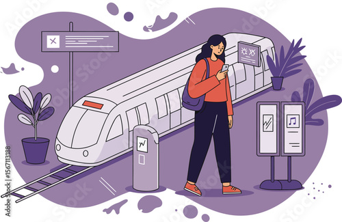 Woman using smartphone standing near modern train at station with purple background and plants in flat style 