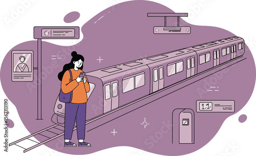 Woman waiting for train on subway platform in minimalist purple urban scene with modern public transit elements 