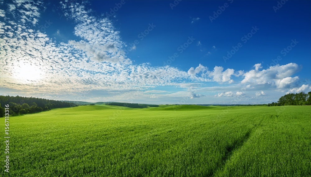 Obraz premium lush emerald field unfolds beneath radiant azure sky dotted puffy white cumulus clouds angle soft morning