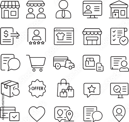 A collection of modern outline icons representing various e commerce and business concepts including shops customers and delivery services