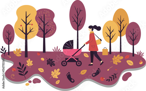 Woman walking with baby stroller in autumn park with colorful trees and fallen leaves 