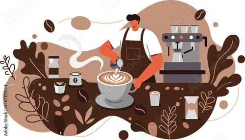 Barista preparing fresh coffee with espresso machine and latte art in cozy café setting with coffee beans and cream 