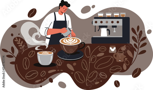 Barista preparing latte art with coffee machine and steaming cup in cozy coffee shop environment 