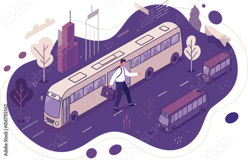 Urban public transportation bus with passengers crossing road in city street scene illustration 