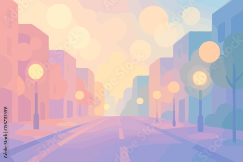 Pastel city street background with bokeh effect and soft blur. Modern flat vector cartoon illustration of an urban landscape with glowing lights, empty road and buildings at dawn.