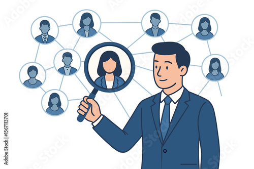 Human resources manager searching for new employee. HR professional with magnifying glass choosing a candidate from a network. Recruitment, headhunting, and talent acquisition concept.