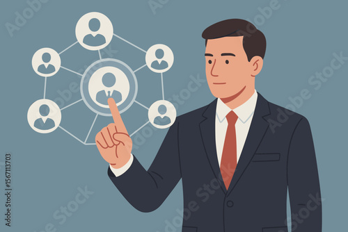Human resources HR management concept. Businessman manager choosing candidate for hire. Employee networking, personnel management, and team leadership. Recruitment agency vector.