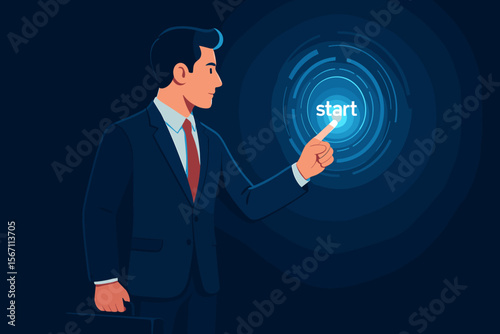 Businessman pressing start button on a futuristic virtual screen. Business launch, new project, career beginning, innovation, technology concept. Modern flat vector cartoon illustration.