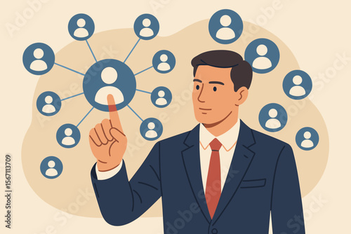 Businessman managing human resources network. HR concept for recruitment, talent acquisition, and team management. Social connection and professional organization structure.