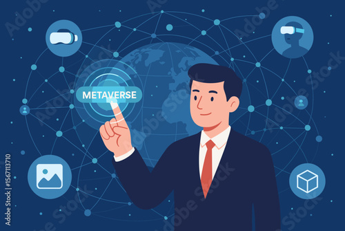 Businessman touching metaverse button on a global network. Concept of virtual and augmented reality, future business technology, user interface, digital world, and virtual environment.
