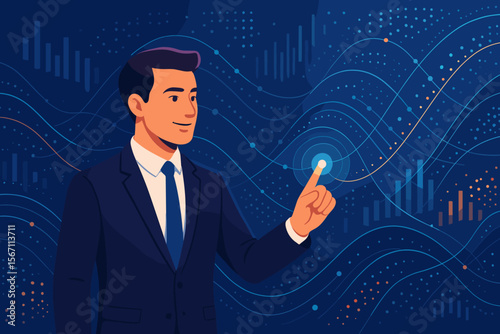 Businessman touching glowing point on a big data visualization interface. Digital data flow, financial analysis, and statistics. Futuristic business, technology innovation concept.