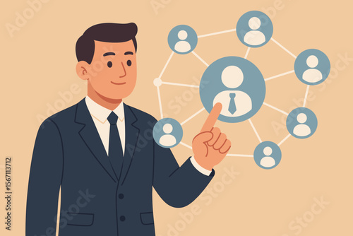 Businessman touching circle network structure for HR, Human Resources. Modern vector illustration of personnel management, team building, leadership, and corporate recruitment.