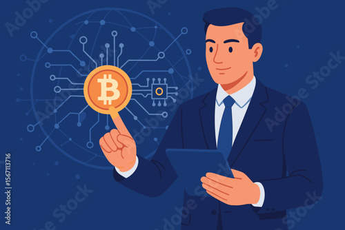 Businessman touching Bitcoin on a virtual screen. Global cryptocurrency investment with blockchain technology. Financial crypto market, digital money and modern fintech concept.
