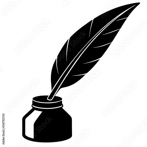 A silhouette of a feather pen and ink on white background 