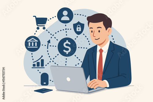 Businessman with laptop for online banking and payment. Digital marketing, finance and banking network. Online shopping icon, customer connection, cyber security and financial technology.