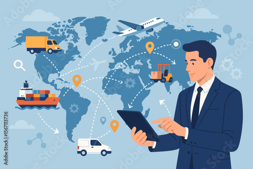 Businessman managing global logistics and supply chain with a tablet. International transportation network with import, export, and distribution. Smart freight and cargo industry concept.