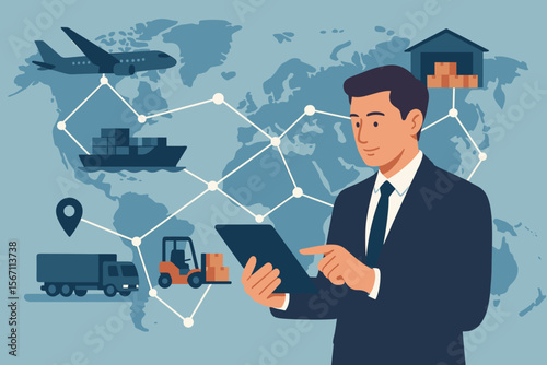 Businessman with tablet managing global logistics network. Supply chain management concept. International import export, freight transportation, shipping, distribution industry.