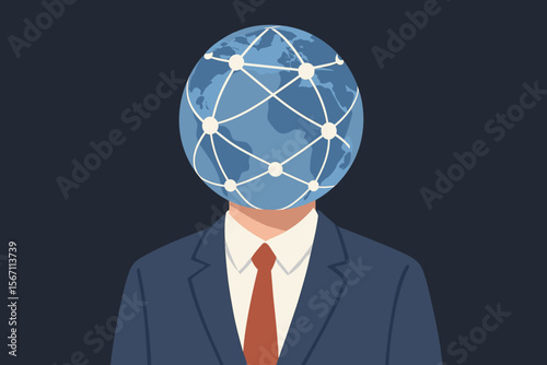 Global Business Network Concept. Businessman with World Globe Head, Connected Nodes, International Communication, Digital Networking, Corporate Leadership, Worldwide Connectivity, Vector Illustration