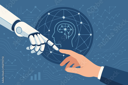 Artificial Intelligence and Machine Learning Concept—Robot Hand Touching Human Hand, Digital Brain, Neural Network, Data Connection, Chatbot, Innovation, Cyber Technology, Science, Smart Automation
