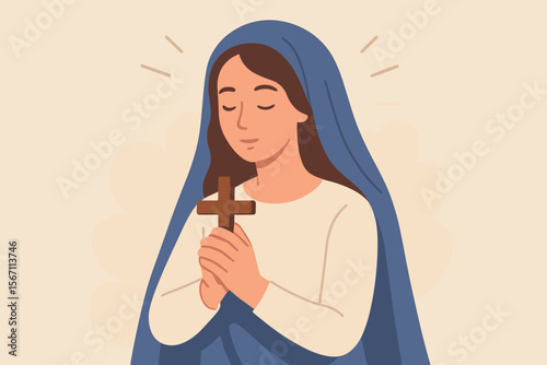 Christian Woman Praying with Cross, Faith and Hope, Religious Devotion, Blue Veil, Spiritual Blessing, Modern Flat Vector Illustration, Catholic Prayer, Female Worship, Christianity Concept