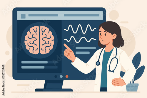 Neurologist Analyzing Brain Scan Results on Computer Monitor. EEG Waves, Brain Activity, Medical Diagnosis, Neuroscience, Doctor, Stethoscope, Healthcare Professional, Modern Flat Vector Illustration