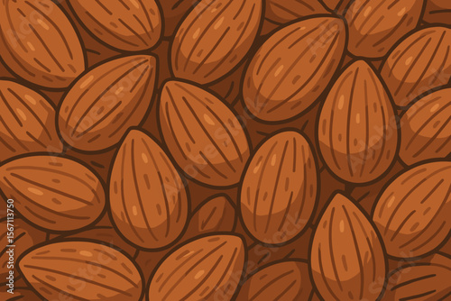 Almond Nuts Seamless Pattern Background. Realistic Brown Almonds Texture. Healthy Food Ingredient. Nutritious Snack. Organic Vegan Protein. Natural Superfood. Vector Cartoon Illustration. No Text.