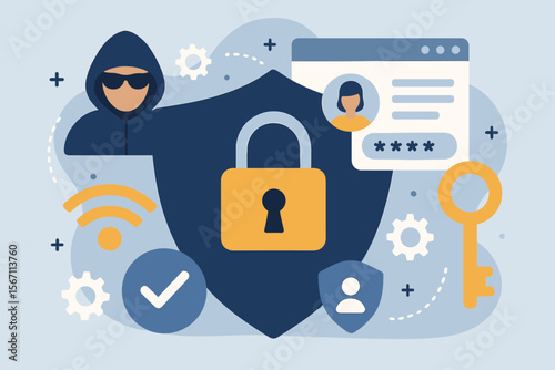 Cybersecurity concept, data protection and internet security. Hacker, shield, password authentication. Metaphor for privacy, encryption, secure access and information safety.