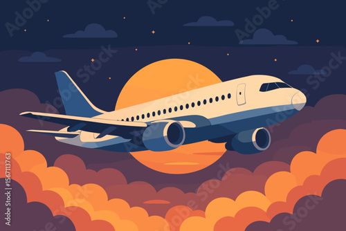 Airplane Flying Above Colorful Clouds at Sunrise, Modern Vector Illustration, Commercial Jet, Sunset Sky, Travel Concept, Aviation, Passenger Aircraft, Flight, Journey, Adventure, No Text