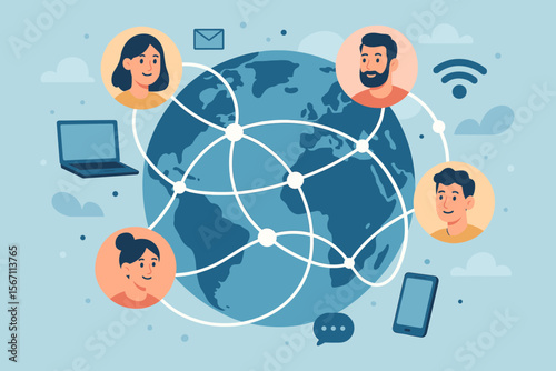 Global communication and social network concept. People connecting worldwide through technology. Internet business and remote work team. Online community vector illustration.